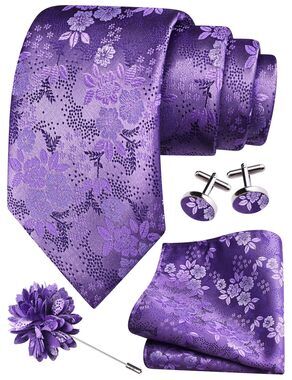 1696 Lavender Purple Tie for Wedding Silk Floral Necktie Pocket Square